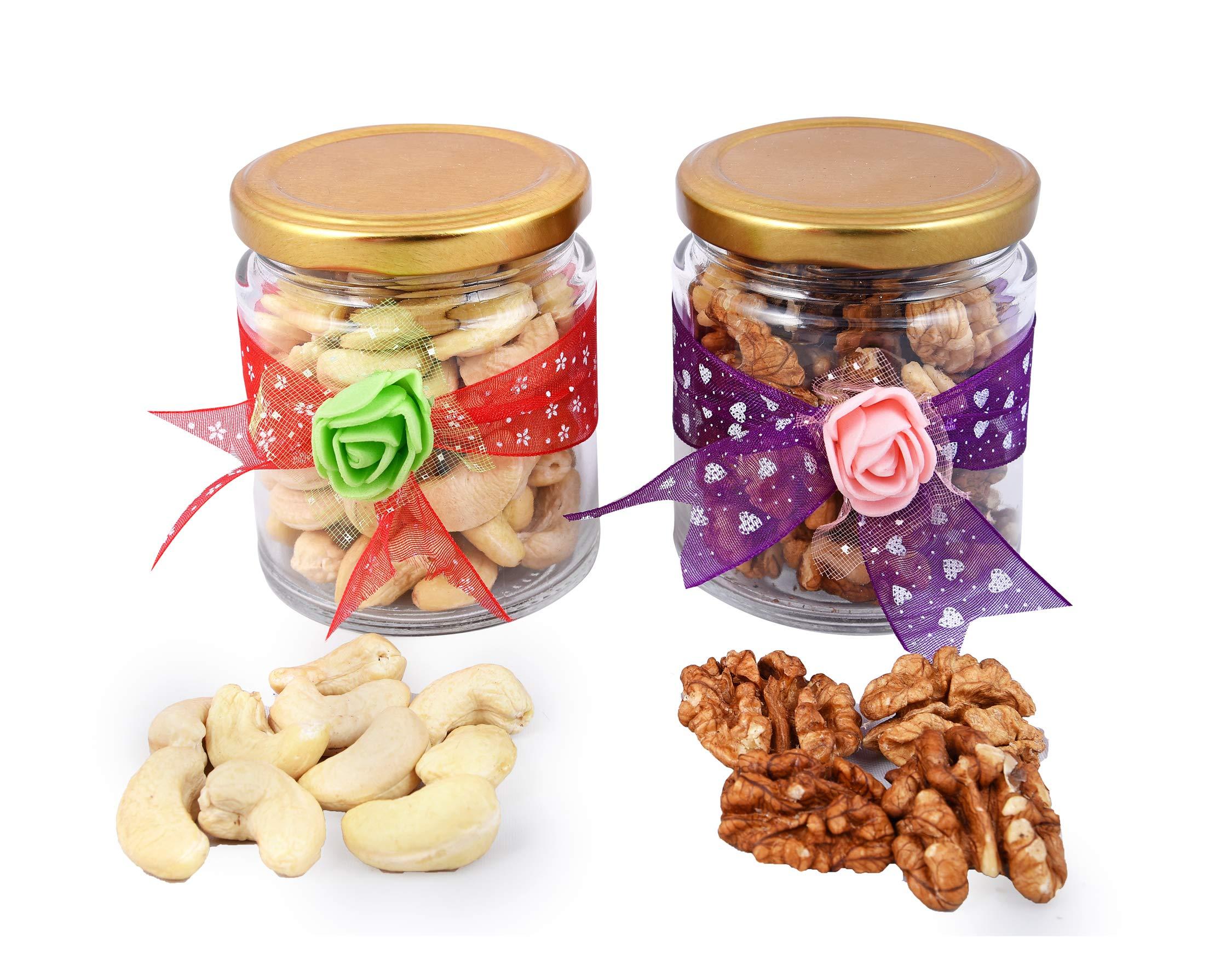 MANTOUSS MANTOUSS Diwali Dry Fruit Decorative Glass Jar-Cashew and Walnut(100gms Each),200 GMS + 2 Cute diyas, Rangoli Colours and Diwali Greeting