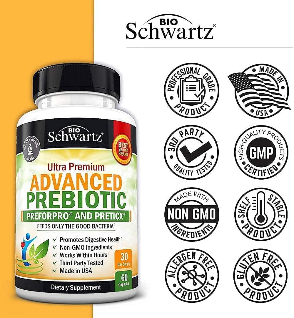 Bio Schwartz Prebiotics for Advanced Gut Health - Immune System Support & Dietary Fiber - Fuels Good Bacteria Growth to Promote Digestive Health - Gas & Digestion Support - Probiotics for Men & Women - 60 Capsules