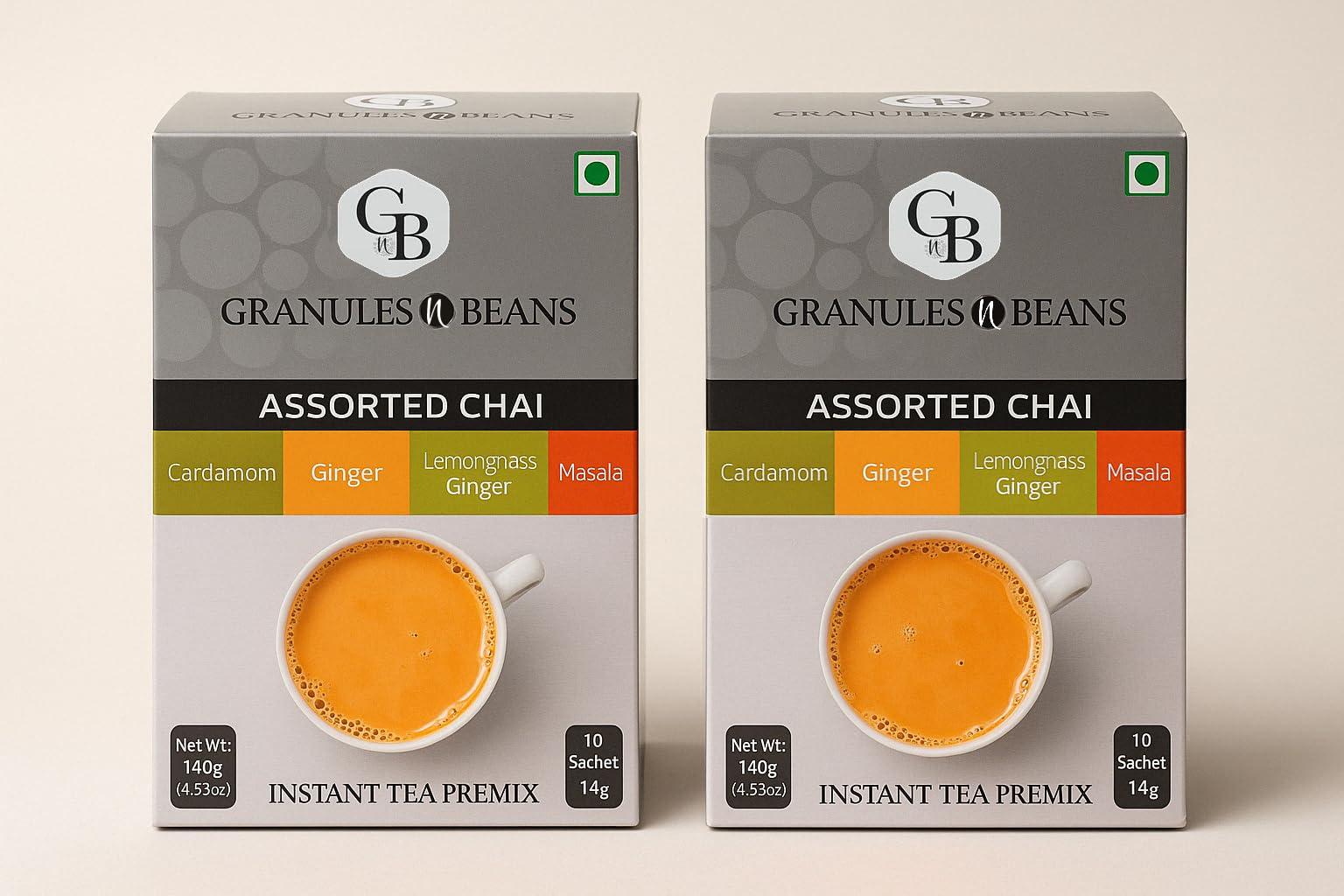 GnB GRANULES n BEANS GnB GRANULES n BEANS Assorted Chai Instant Tea Premix - (10 Sachet X 14 Gram = 140 Gram) (Pack Of 2) (Cardamom, Ginger, Lemongrass Ginger, Masala)