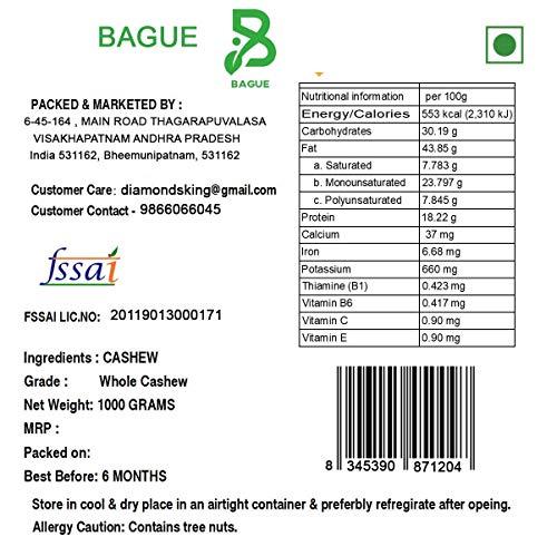 Bague Bague 100% Natural raw Cashew Nuts kaju Cashews Whole cashewnuts 1000gm Grams 1 kg