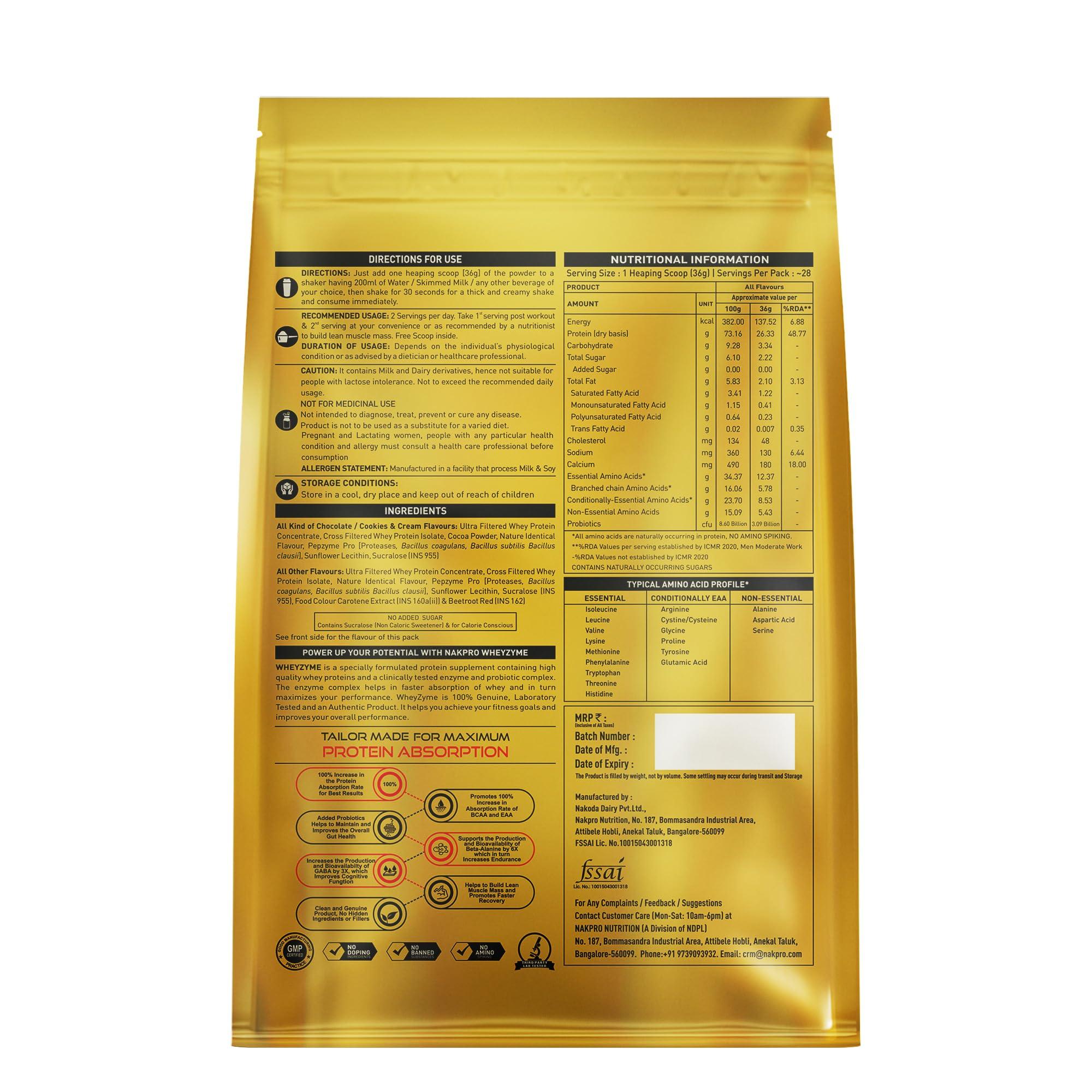 NAKPRO NAKPRO WheyZyme Whey Protein Powder, Double Rich Chocolate, Informed Choice & Trustified Certified | Isolate & Concentrate, Clinally Tested 100% Higher Protein Absorptio (1kg, Double Rich Chocolate)