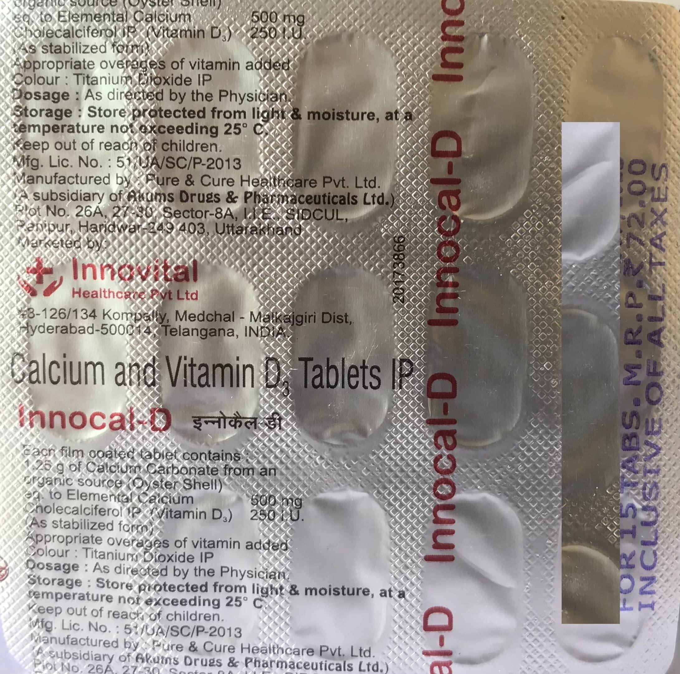 Innocal-D INNOCAL-D 500 Calcium and Vitamin D3 Tablets for stronger Bones & Joints (Pack of 60 Tablets)