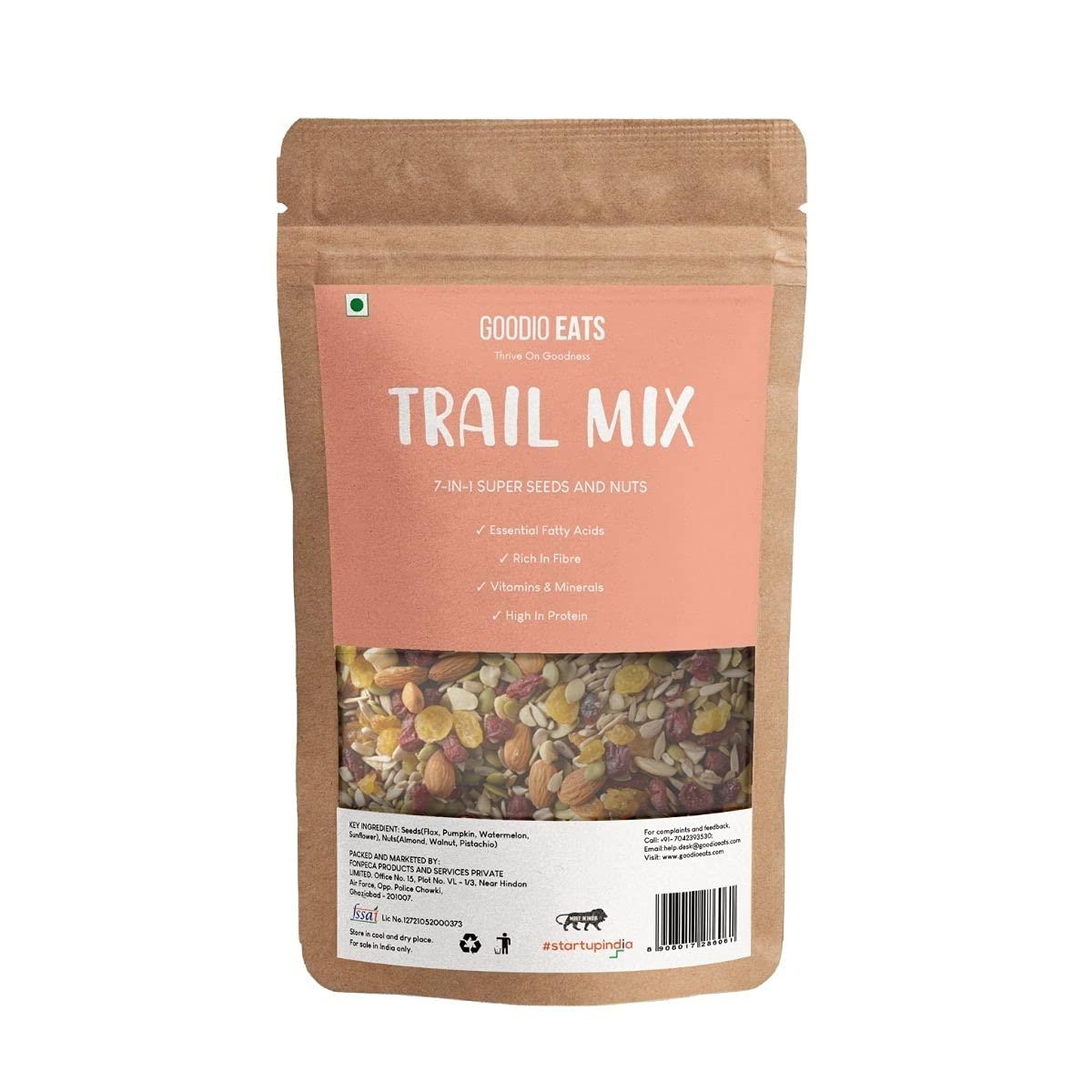 GOODIO EATS - Thrive On Goodness Goodio Eats - Thrive On Goodness Trail Mix - Daily Health Mix | Healthy Trail Mix with Dry Fruits, Seeds and Berries - Almonds Walnuts Blueberries Cranberries Black Currant Pumpkin Seeds Flax Seeds | Healthy Snack 100 g (Pack of 5)