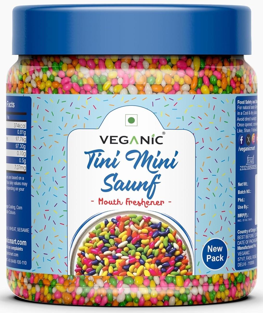 Veganic Veganic Tini Mini Sounf | Sugar Coated Fennel Seed | Variyali Indian Mouth Freshener | Colorful Mini Souf | Fennel Candy | Mukhwas (200g)