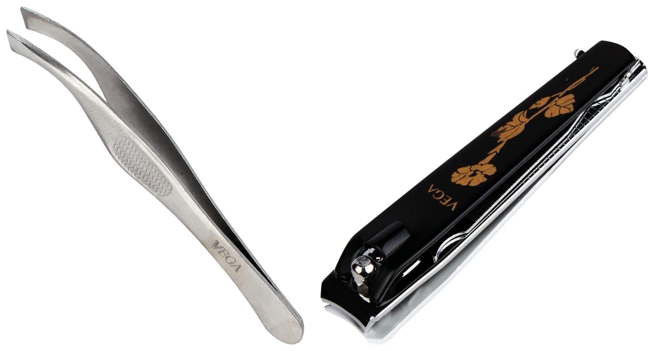 VEGA Vega Tweezer, Slant Tip & VEGA Large Nail Clipper (Black) (LNC-03)
