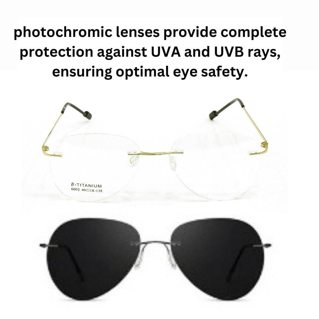 Redex Redex Aviator Photochromic Rimless Zero Power Blue-Cut Computer Glass Anti glare Block Harmful Rays Eye wear Spectacle Eye Frame (GOLD)