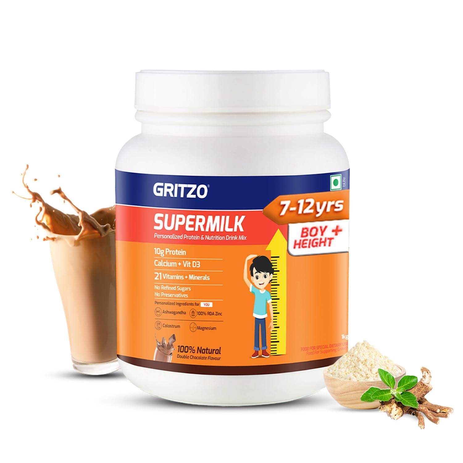 Gritzo Gritzo SuperMilk Height+ (7-12y Boys), 10g Protein Powder (Double Chocolate, 1kg) | Zero Refined Sugar, 21 Vitamins & Minerals