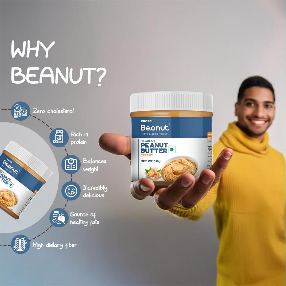 Beanut Beanut Peanut Butter Creamy is a Smart Choice From Real Roasted Pressed Protein, Non GMO, Gluten Free, Vegan And Cholesterol Free Gym, Exercise Daily Energetic-(510g - Pack of 1)