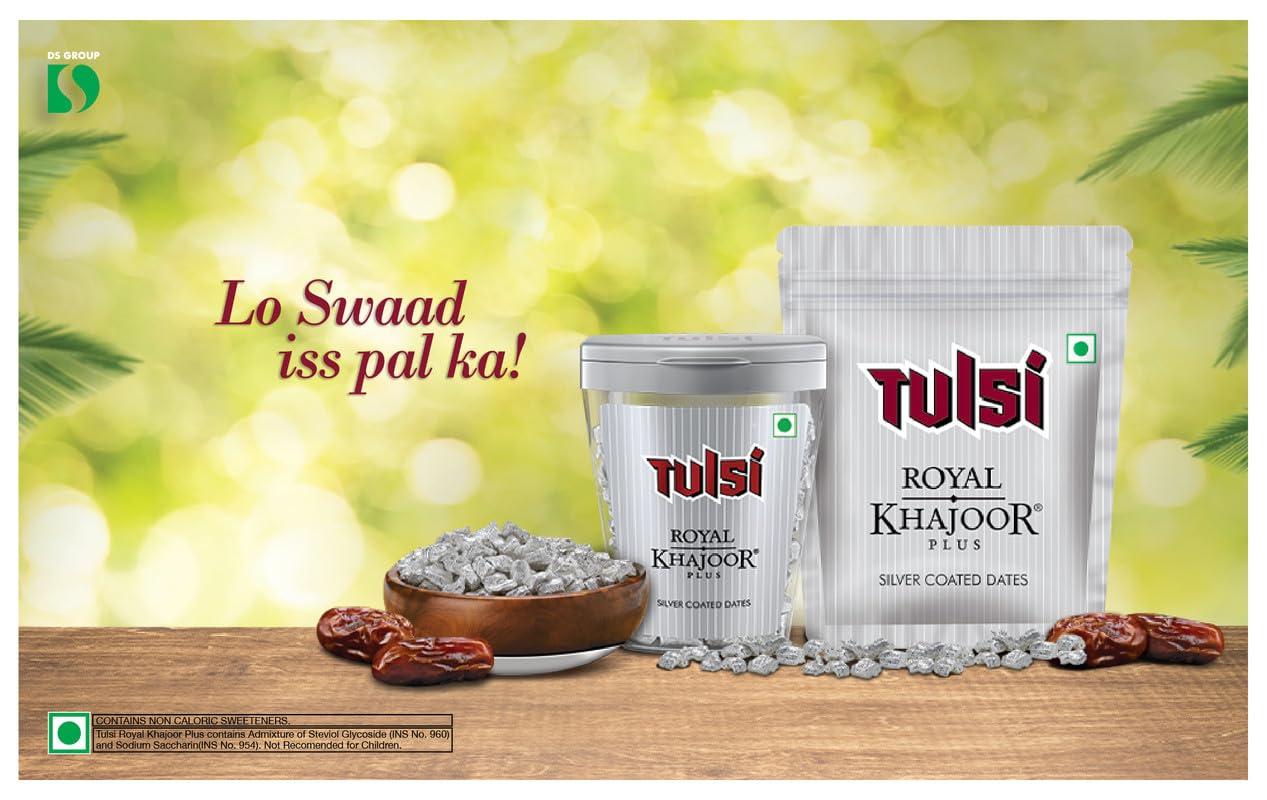 Tulsi Royal Khajoor Plus Tulsi Royal Khajoor Plus | Pack of 5 (13g x 5) | Silver Coated Khajoor | Dates | Mint Mouthfreshner | Zipper Pack