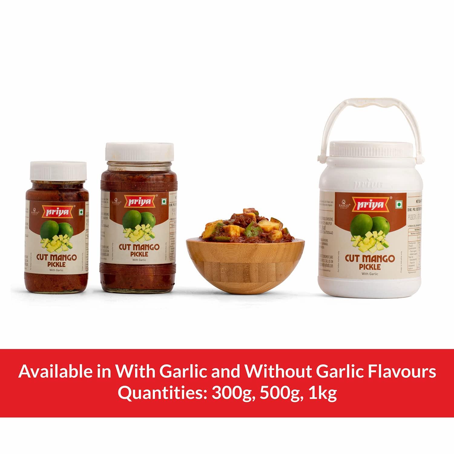 Priya Priya Cut Mango Pickle with Garlic, 1Kg - Authentic Telugu Style Aam Achar |Traditional South Indian Taste| Homemade Andhra Pickles| Tangy and Spicy| With Mango Pieces & Mixed Spices