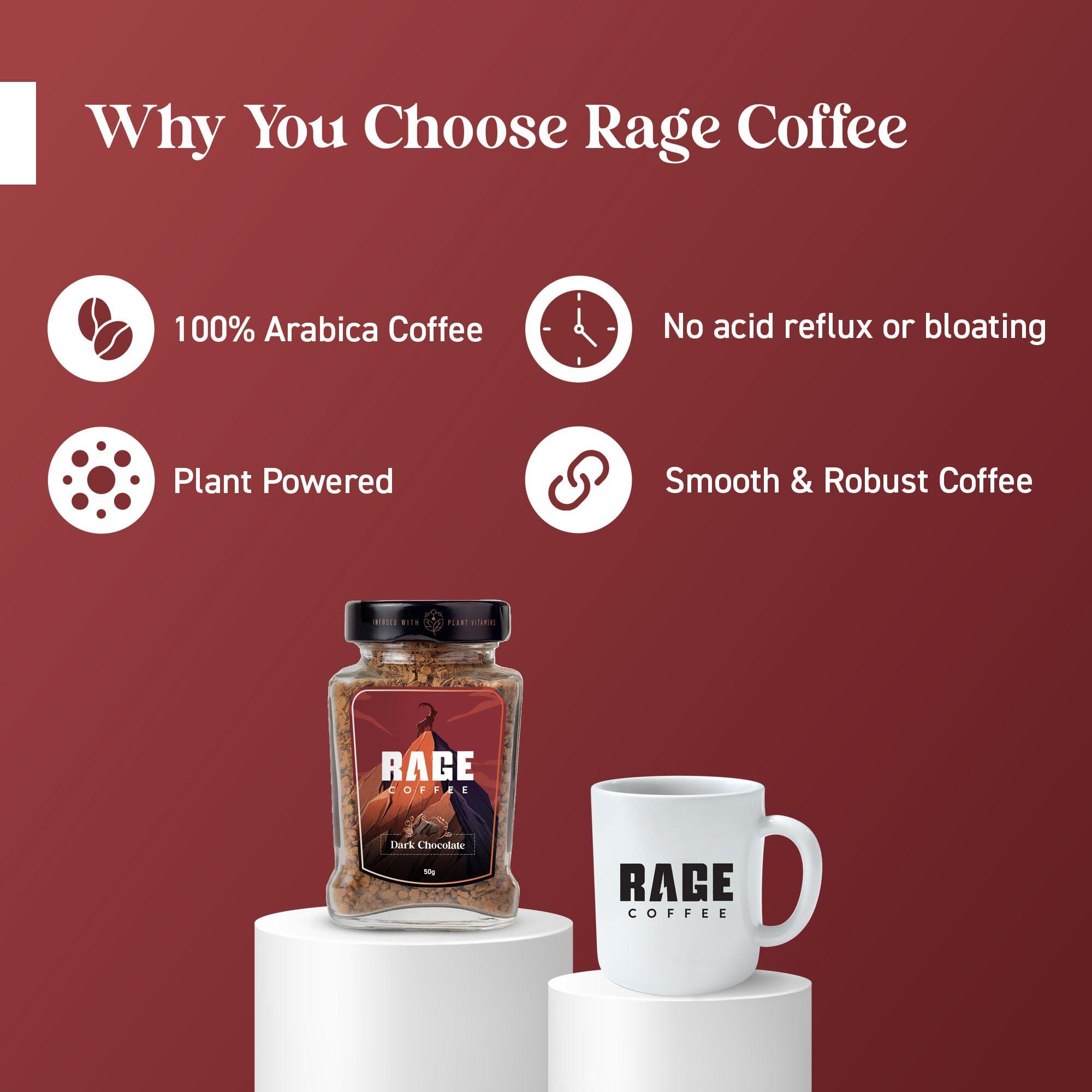 RAGE COFFEE Rage Coffee Combo - Flavoured Instant Coffee With Drinking Chocolate Powder Mix | Dark Chocolate Flavoured Coffee | Coffee, 50 gms & Chocolate Powder Mix, 100 gms | Made In India