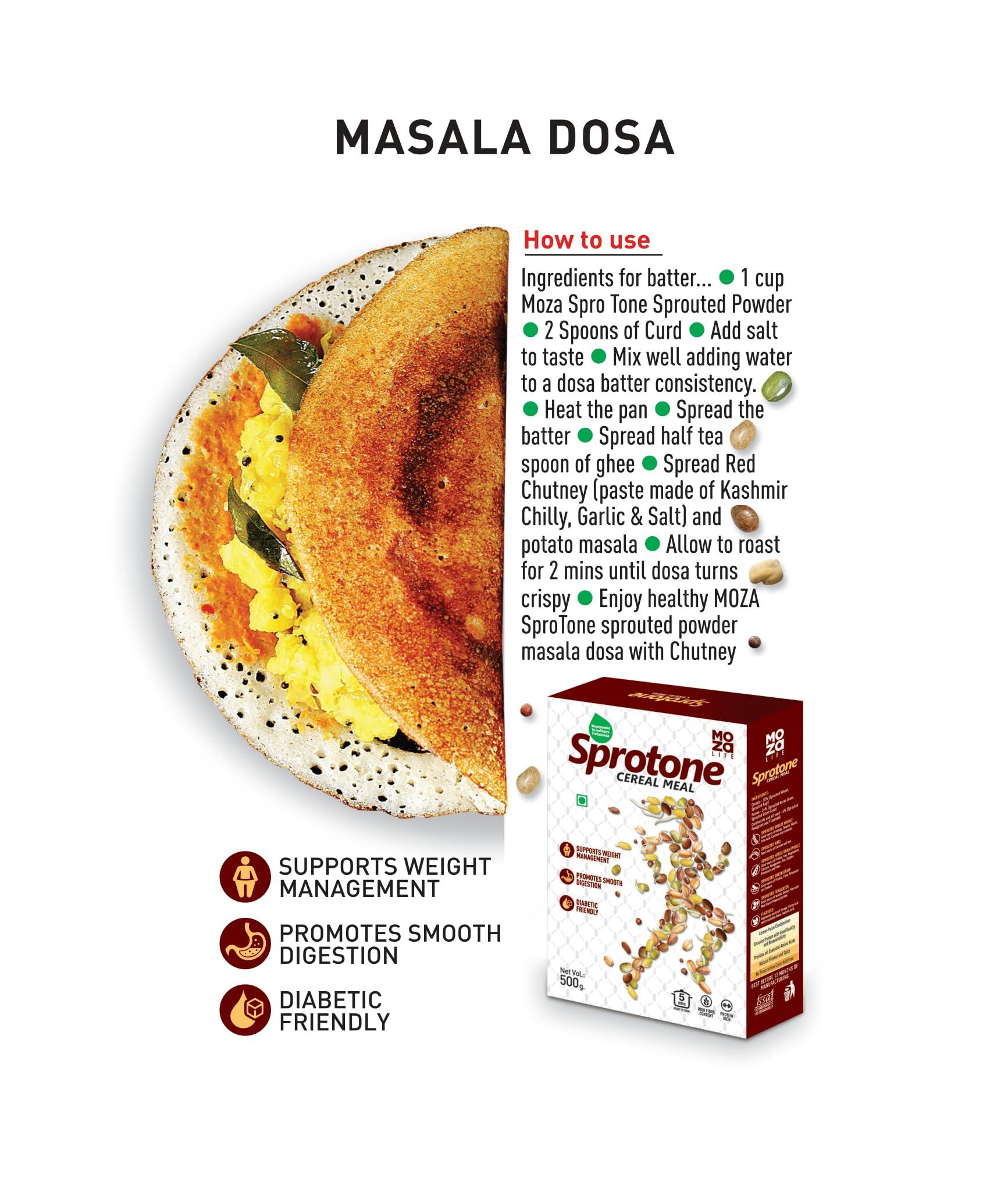 Moza Organic Moza Life Sprotone - Nutrient-Rich Cereal Meal with Sprouted Cereals, Pulses, and Multigrain Flour - Wheat, Ragi, Horse Gram, Green Gram - Healthy Vegetarian Breakfast (500 gm, Pack of 2)