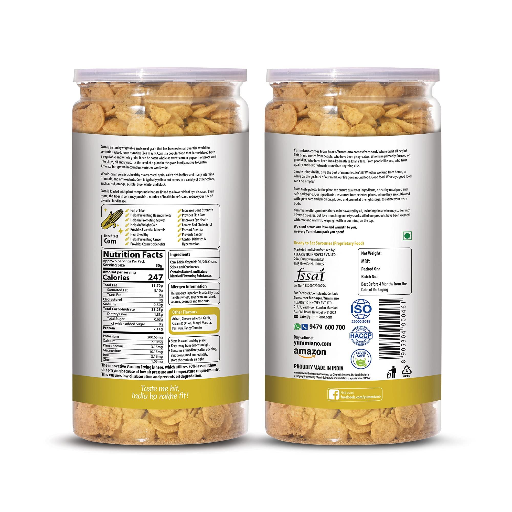 Yummiano Yummiano Corn Dots - Vacuum Cooked Corn Chips, Zero Cholesterol Healthy Snacking with High Nutrient Content, No Added Preservatives, Gluten Free - Pack of 2 (220g Each) (Flavour: Cream & Onion + Pudina)