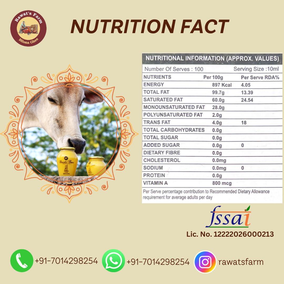 Rawat\'s Farm Rawat\'s Farm A2 Vedic Bilona Cow Ghee 500 ml | Glass Jar | Curd Churned Bilona Ghee | Government Laboratory Passed | 100% Natural | Immunity Booster | Good for Heart |