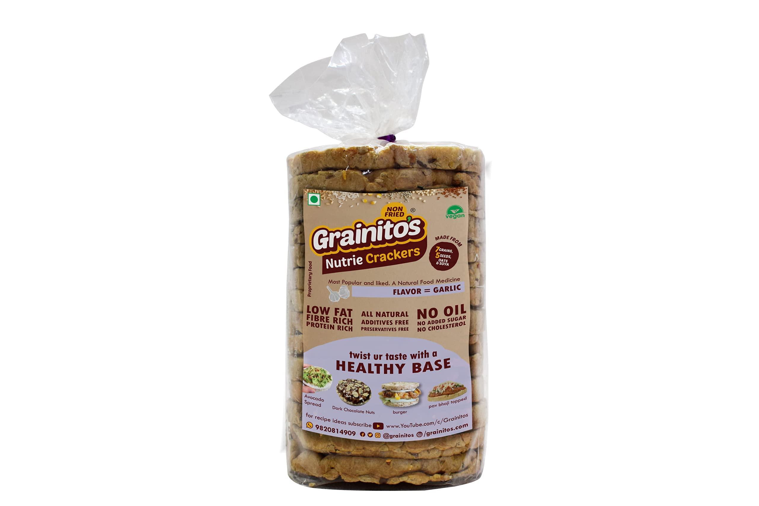 Grainito's Nutrie Crackers Multi grain Puffed Rice Cake with Seeds Oats and Soya (Garlic) Most Popular pack of 2