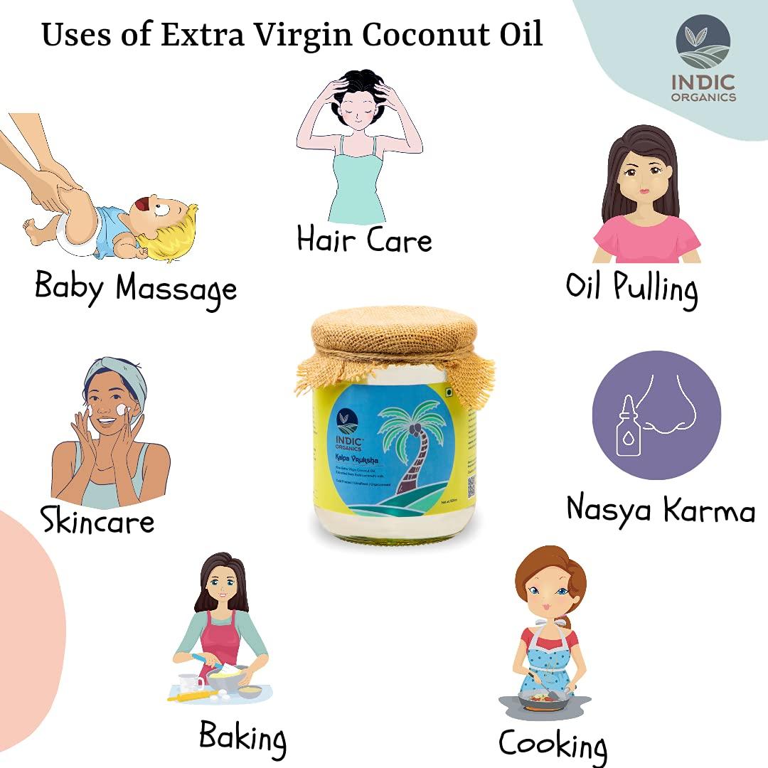 Indic Organics Indic Organics Raw Extra Virgin Coconut Oil Extracted From Kerala Coconut\'S Fresh Milk | Cold Centrifuge Process, Unrefined & Unprocessed |For Dietary, Hair & Skin Care And Oil Pulling , Glass Bottle