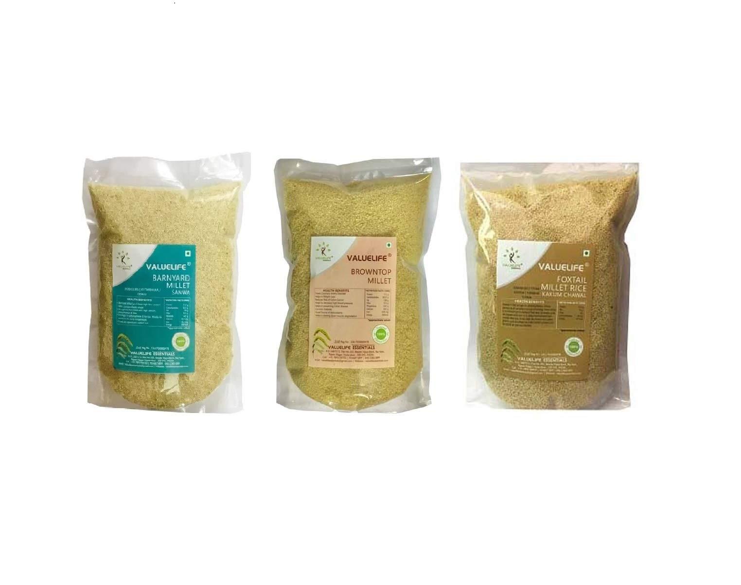 Value Life Browntop,Foxtail(Korralu),Barnyard(Udalu) Millet by Value Life - 3kg(Pack of 3)