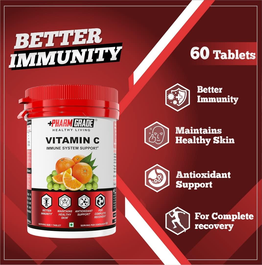 Pharmgrade PharmGrade Healthy Living Vitamin C 500mg Tablets From Natural Fruits Immunity Supplement For Men and Women | Antioxidants | Skincare | Immunity Booster | Phyllanthus Emblica ( Amla Ext) 230mg | Orange peel extract 230mg | Vitamin C 40mg | Zinc 12mg