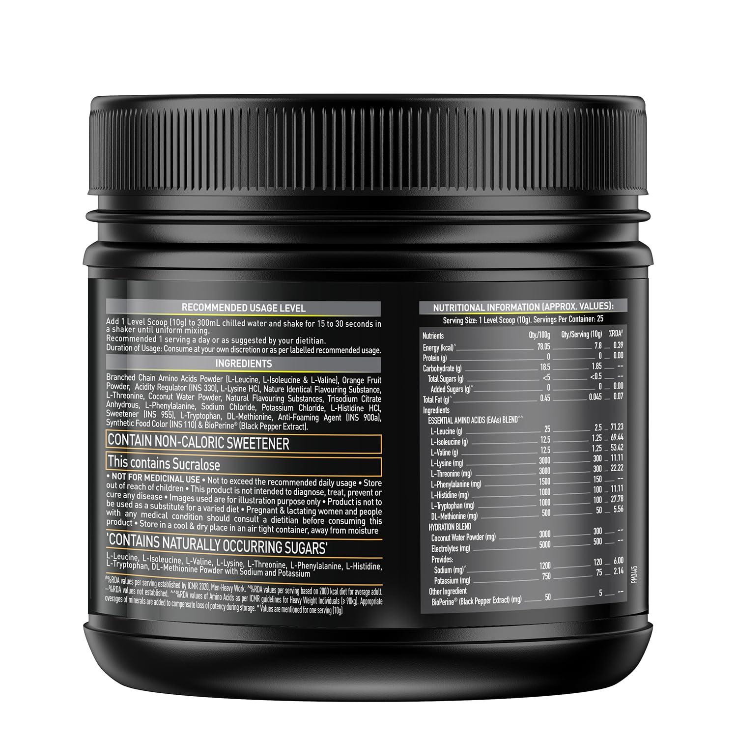 MuscleBlaze MuscleBlaze EAA 6000, 6000mg EAAs Blend Powder (Orange Flavour, 250g, 25 Servings) | 800mg Hydration Blend & 5mg Bioperine