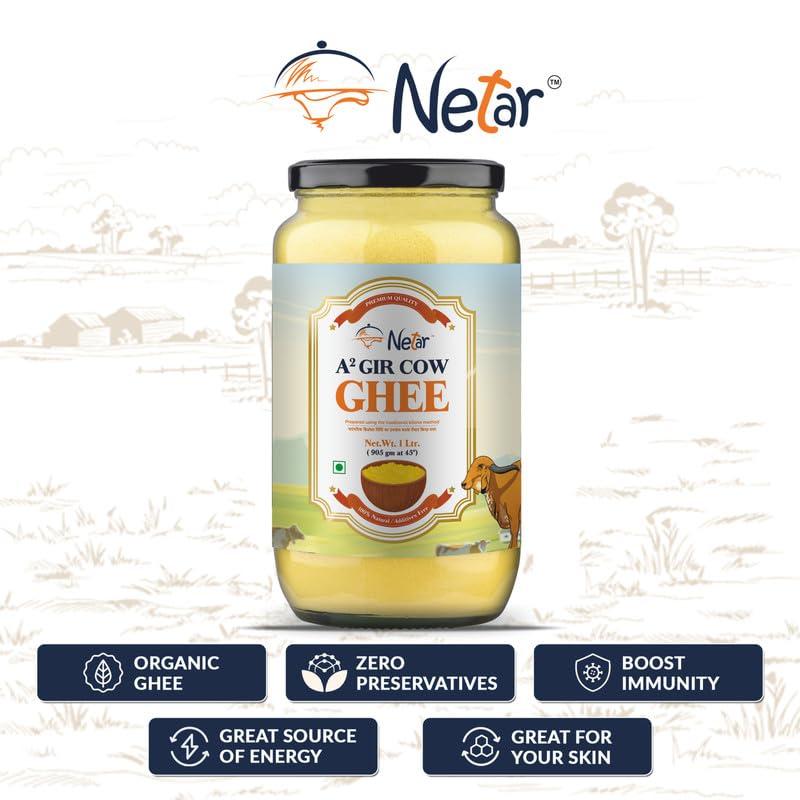 NETAR Netar Pure A2 Gir Cow Ghee 1 Ltr (Pack Of 2) | Vedic Bilona Two Way Hand Churned | Indiand Gir Cow Ghee, Natural & Healthy,| No Added Colour and Preservatives, | 1 Litre (Jar Pack Of 2).