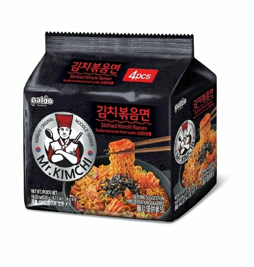 Paldo Paldo Fun & Yum Mr. Kimchi Noodles, Original Vegetarian Korean Ramyun, Stir Fried Kimchi Ramen, 134 Grams(Pack of 4)