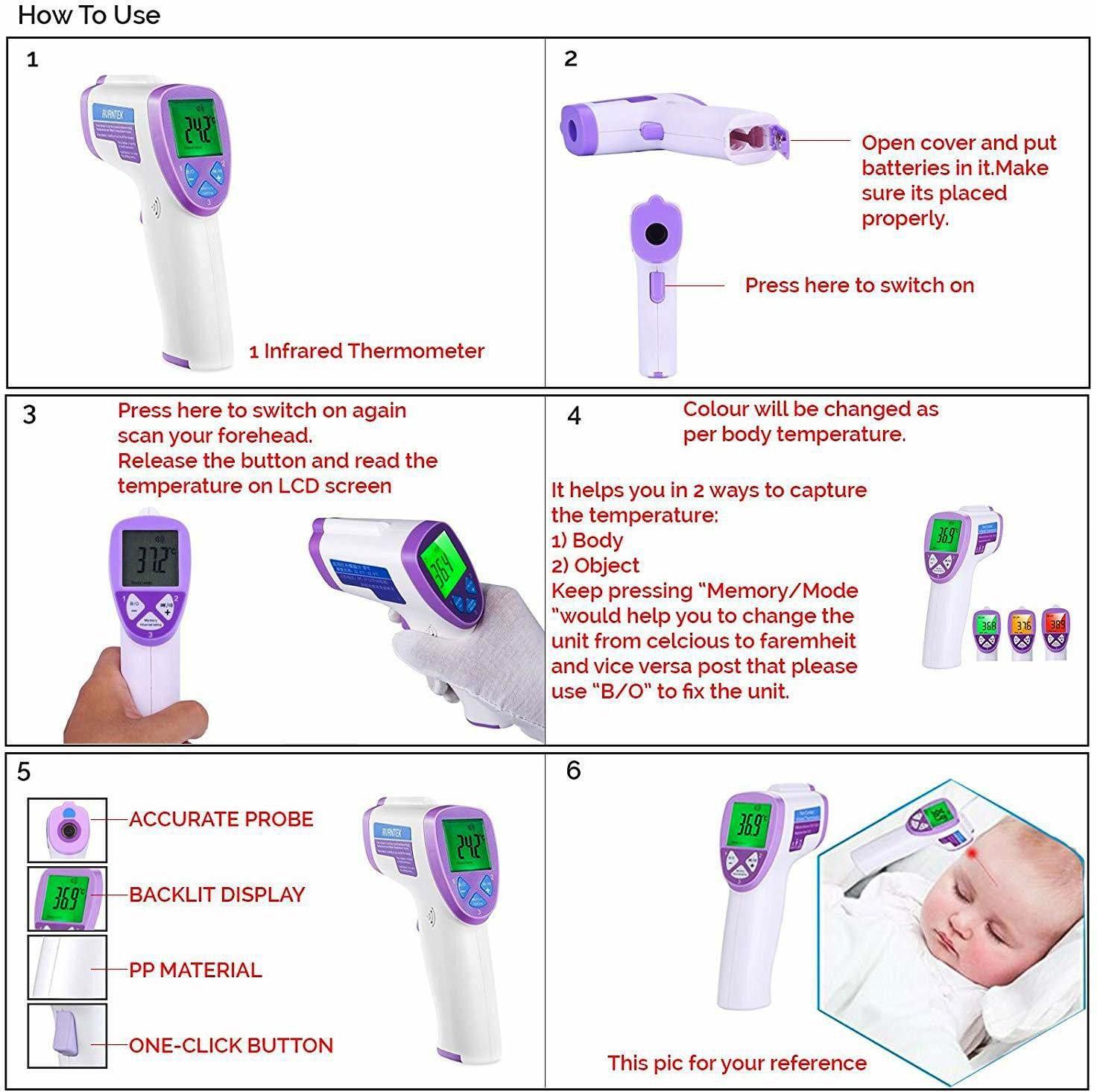 MCP YASEE Forehead Non-Contact Infrared Thermometer for Kids, Adults, and Baby Support with Digital Instant Read, Fever, Alarm, Memory Function, and Large LED Display (JA-11A)