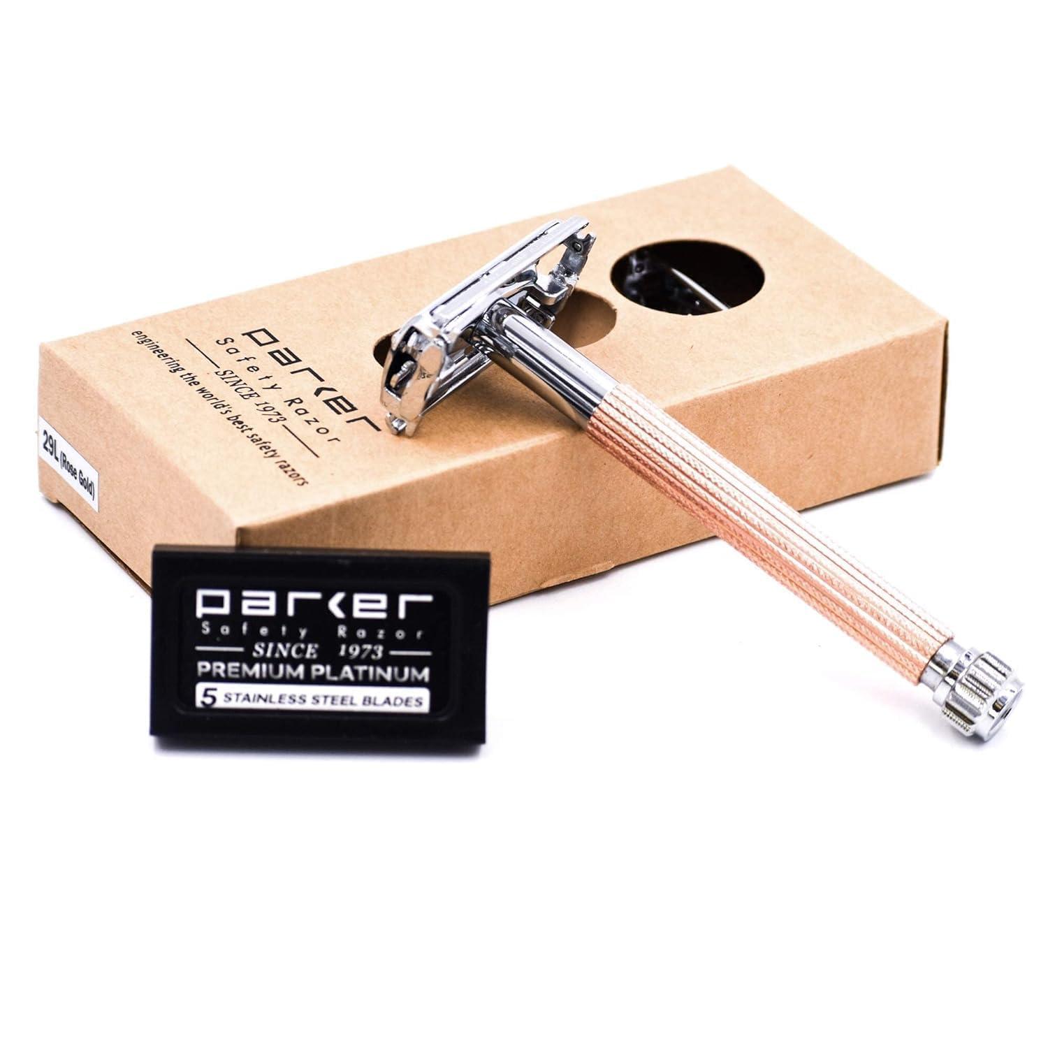PARKER Safety Razor Parker 29L Long Handle Women's Double Edge Butterfly Open Double Edge Safety Razor (Rose Gold) with 5 Parker Premium Platinum Blades Textured Plated Brass Handle