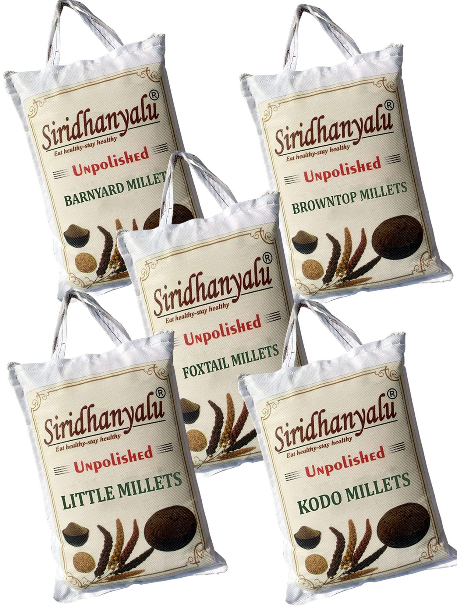 SIRIDHANYALU siridhanyalu Unpolished Millet Siridhanya 5 Types of Organic Millets Rice Little Kodo Browntop Barnyard & Foxtail -Punjabi (Gwt. 3500Gm)