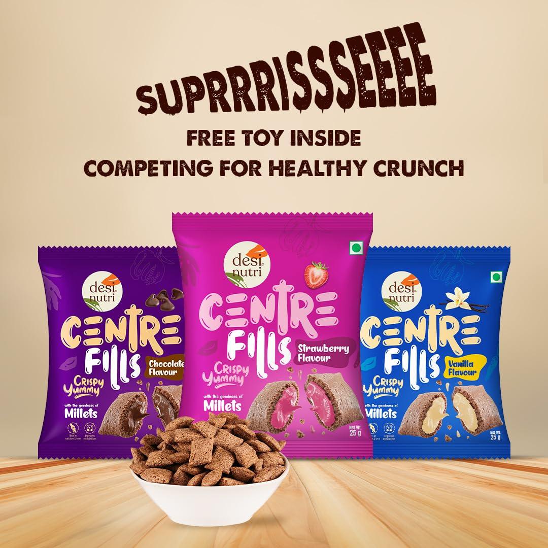 Desi Nutri Desi Nutri Centre Fills Millet Chocos Combo pack 25GX4(100G) | With the goodness of Millets | (2N X Chocolate Fills, Vanilla Fills & Strawberry Fills) | Pack of 4 | Free toy inside