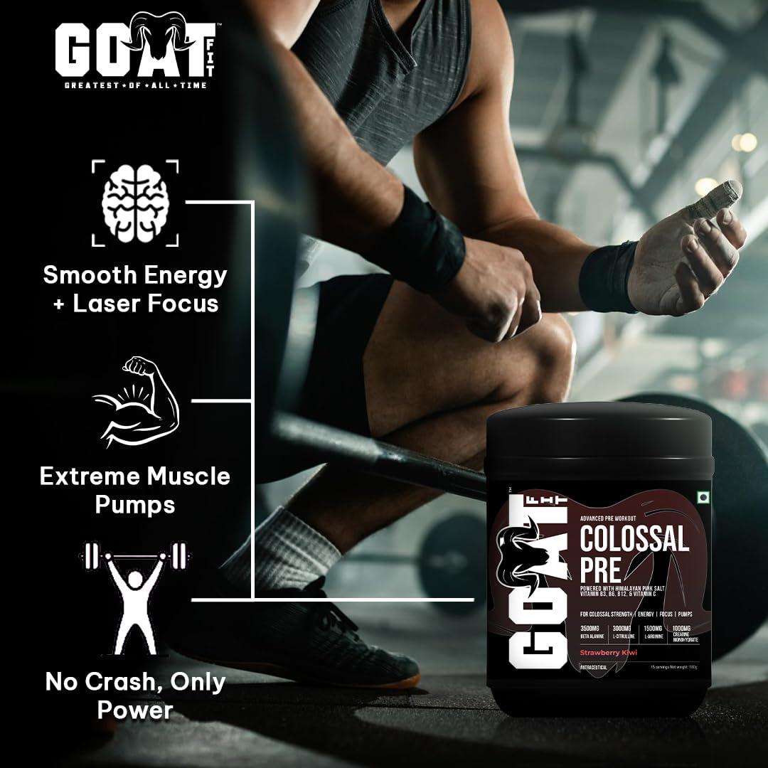 G.O.A.T Fit G.O.A.T Fit Colossal Pre | PreWorkout Powder (Strawberry Kiwi, 12gm - Single Serving) 200mg Caffeine 3.5g Beta-Alanine 3g Citrulline 1.5g Arginine 1g Creatine with Himalayan Pink Salt