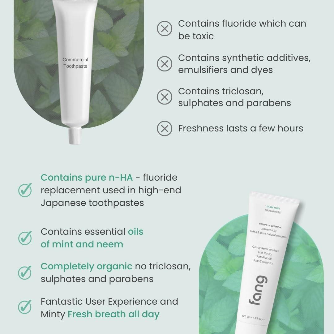 Fang Fang Farm Mint Natural Toothpaste|Fluoride Free Hydroxyapatite|Teeth Whitening|Heals Sensitive Teeth|Fights Cavities,Gum Diseases & Bad Breath|SLS & Chemical Free|Organic, Vegan|100 grams(Pack of 1)
