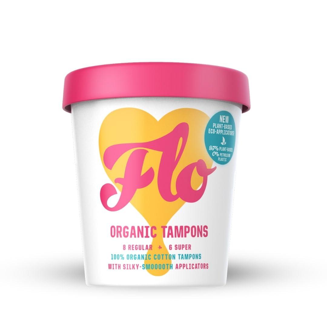 FLO FLO - Organic Applicator Tampons with Width-Wise Expansion, Natural Comfort Cotton, Plant-Based, Biodegradable & Plastic Free, Superior Leak-Busting Protection, Regular & Super Combo Pack, 14 Count