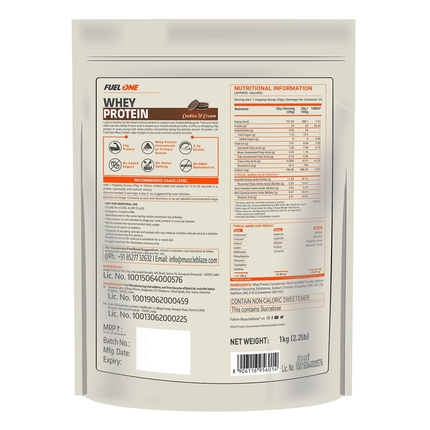 MuscleBlaze FUELONE Whey Protein (Cookies & Cream, 1kg / 2.2lbs) | 24g Protein | 5.29g BCAA & 4.2g Glutamic Acid