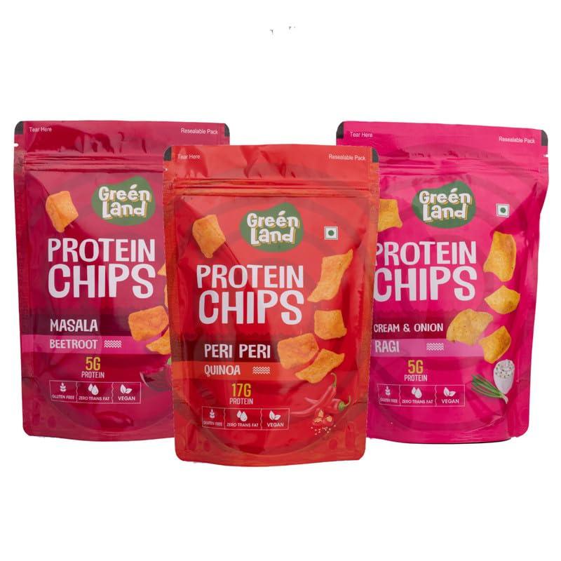 GREENLAND GREENLAND Protein Chips (Pack of 3, 80g Each) Healthy Snacks | Gluten Free | Rich in Protein | Zero Trans Fat | Flavor: Peri Peri Quinoa, Masala Beetroot, Cream & Onion Ragi