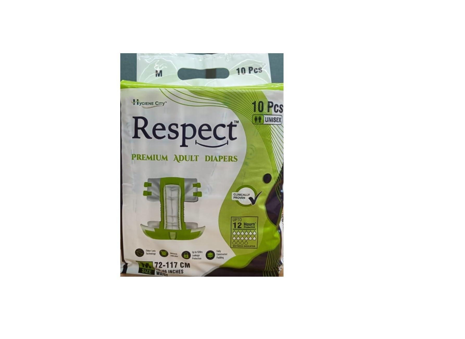 Generic Respect Adult Unisex Diaper Medium Waist Size- 72-117 cm, Pack of 5 (50 Count)