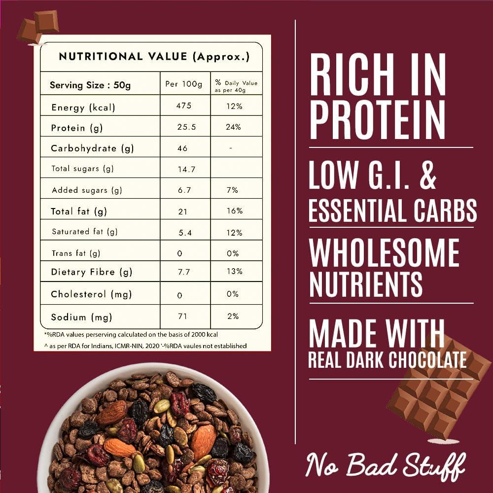 Yolo Roots Yolo Roots High Protein Dark Chocolate Muesli 1 Kg | India\'s 1st 25gm Protein per 100gm Muesli with Premium Whey Protein, 25% Almond, Pumpkin & Cranberry | No Added Refined Sugar | Made in Date Syrup
