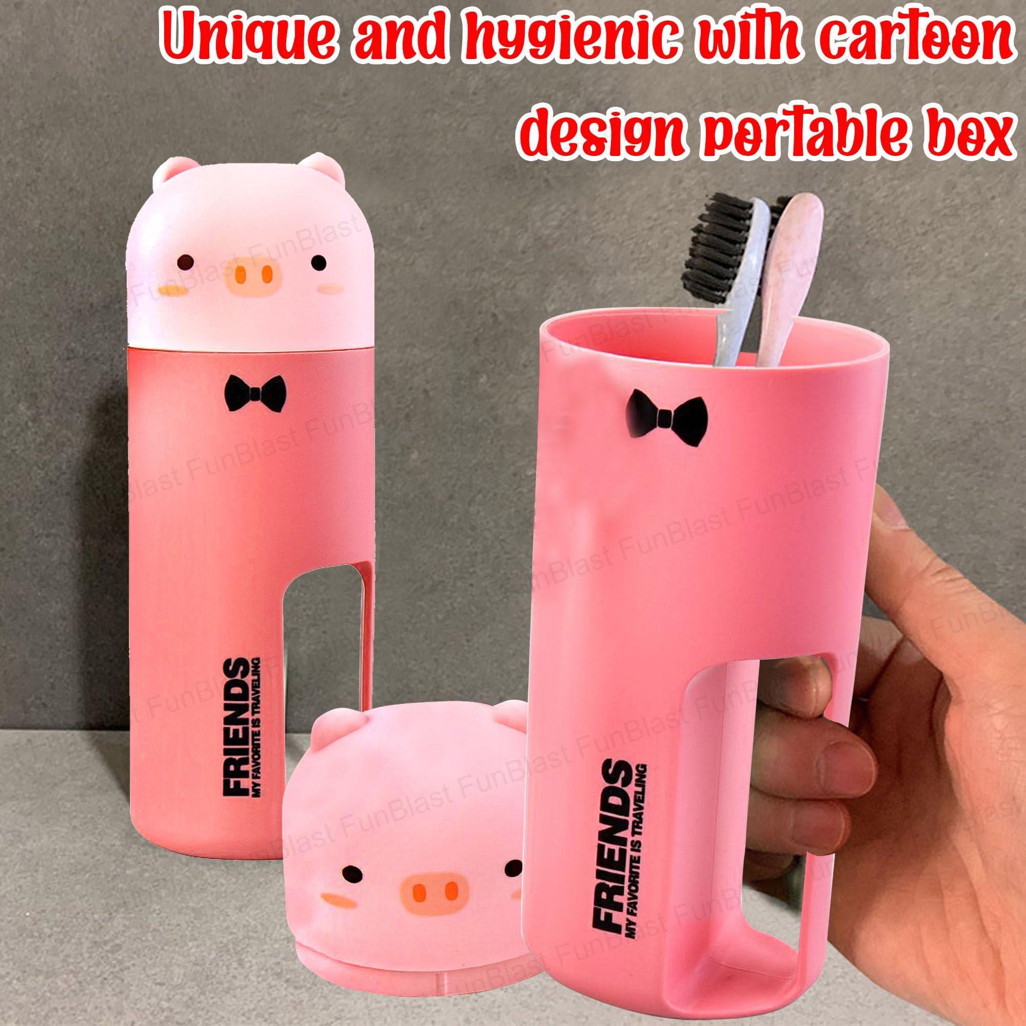 FunBlast FunBlast Kids Toothbrush Travel Toothbrush Cup Set, Wheat Fiber Toothbrush with Portable Box for 3-6 Years old Children, Animal Cartoon Design Manual Toothbrush for Kids (Pig-Pink)