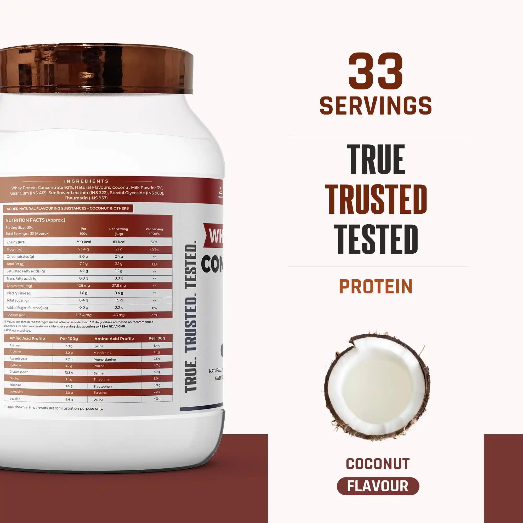 NATURALTEIN NATURALTEIN Natural Whey Protein Concentrate Coconut - 1 kg (Naturally flavored, Non GMO, No Artificial Sweeteners)