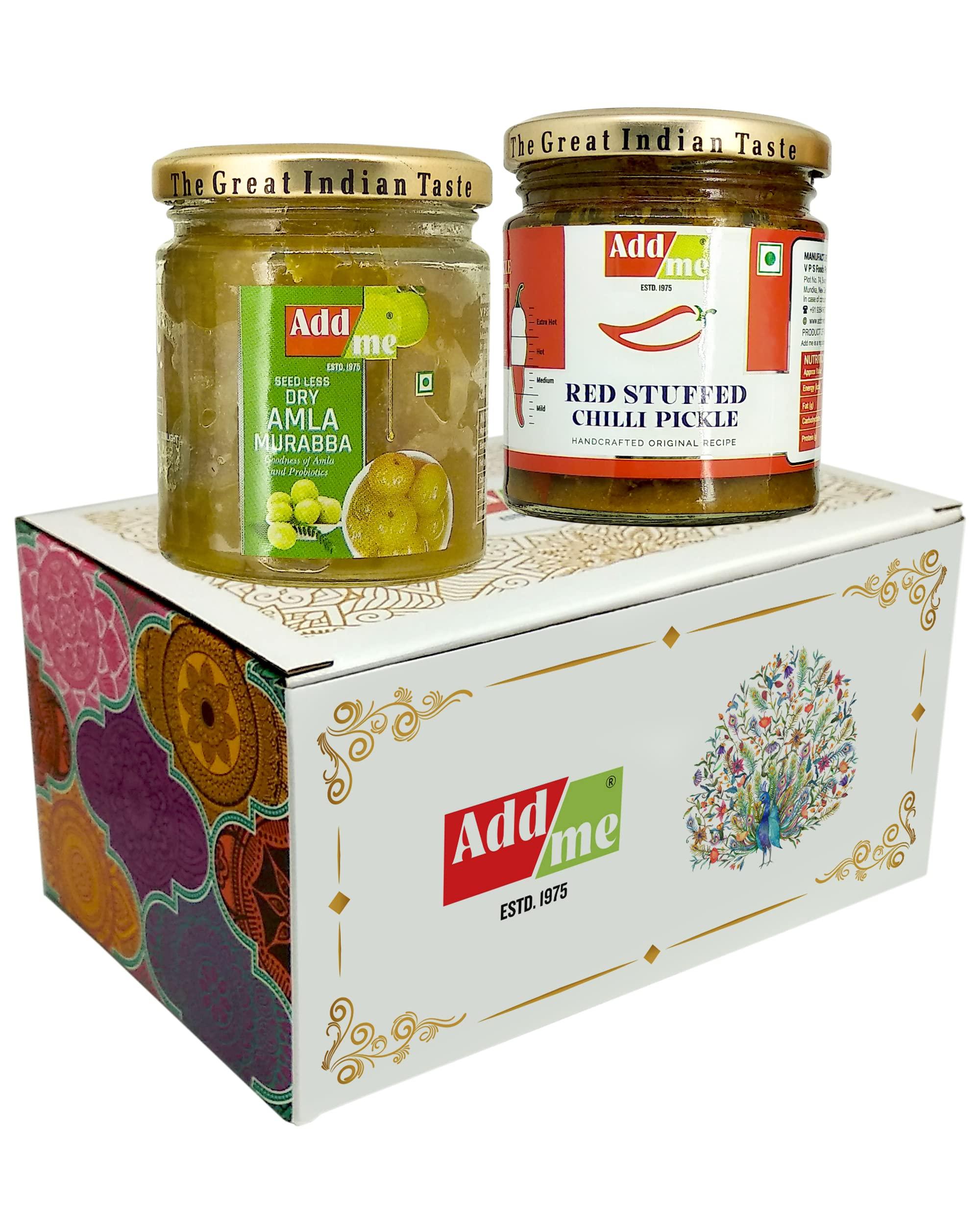 Add me Add me Seed Less Dry Amla Murabba Without Syrup Immunity boosters & Red Stuffed Pickle, bharwa lal mirch 200gm Combo Gift Pack Glass Jar