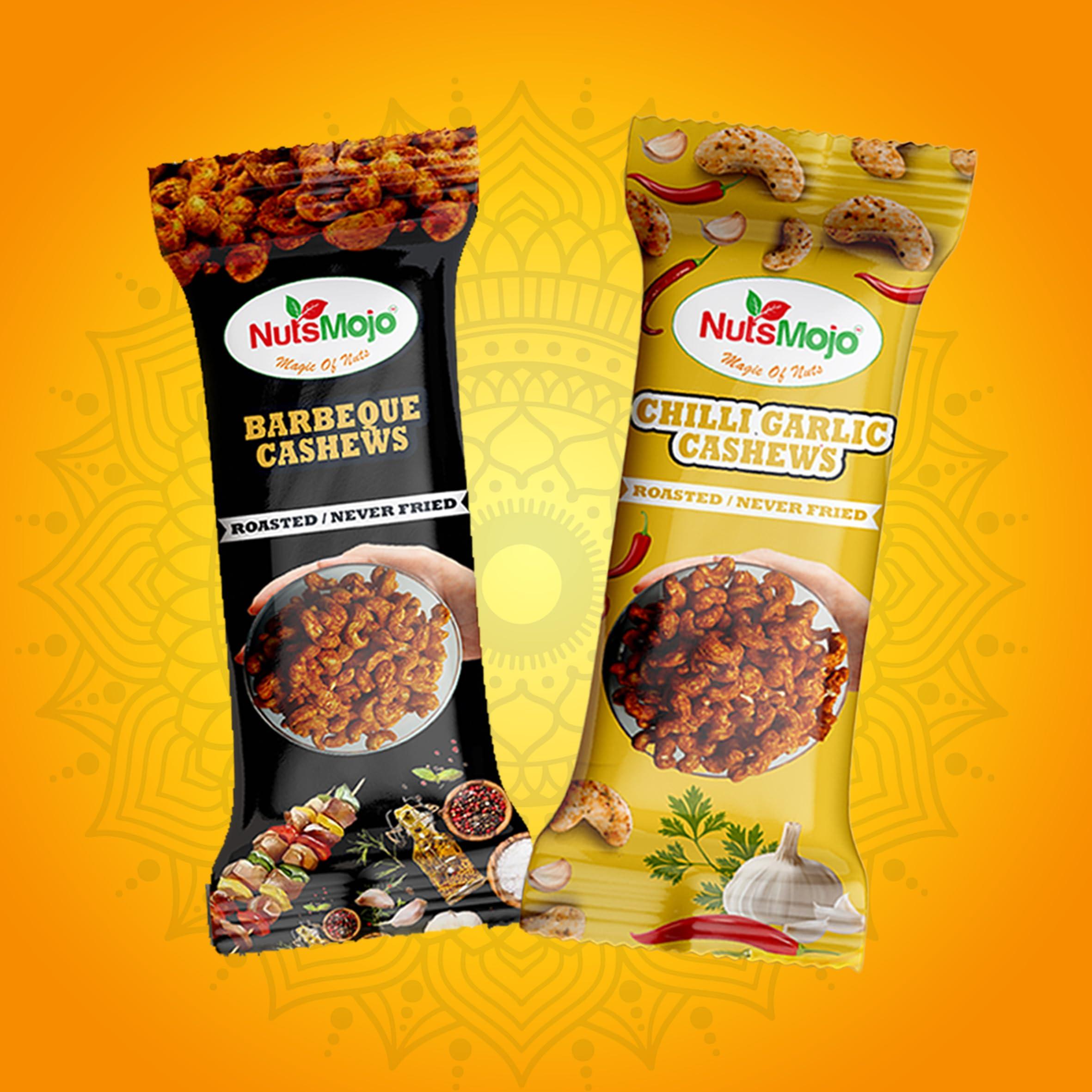 NutsMojo NutsMojo 8 Flavour Cashew Packets | Pack of 8 | Barbecue, Peri - Peri, Hing jeera, Pani - Puri, Chilli Garlic, Cream & Onion, Tangy Tomato, Pizza Oregano | Offer Pack