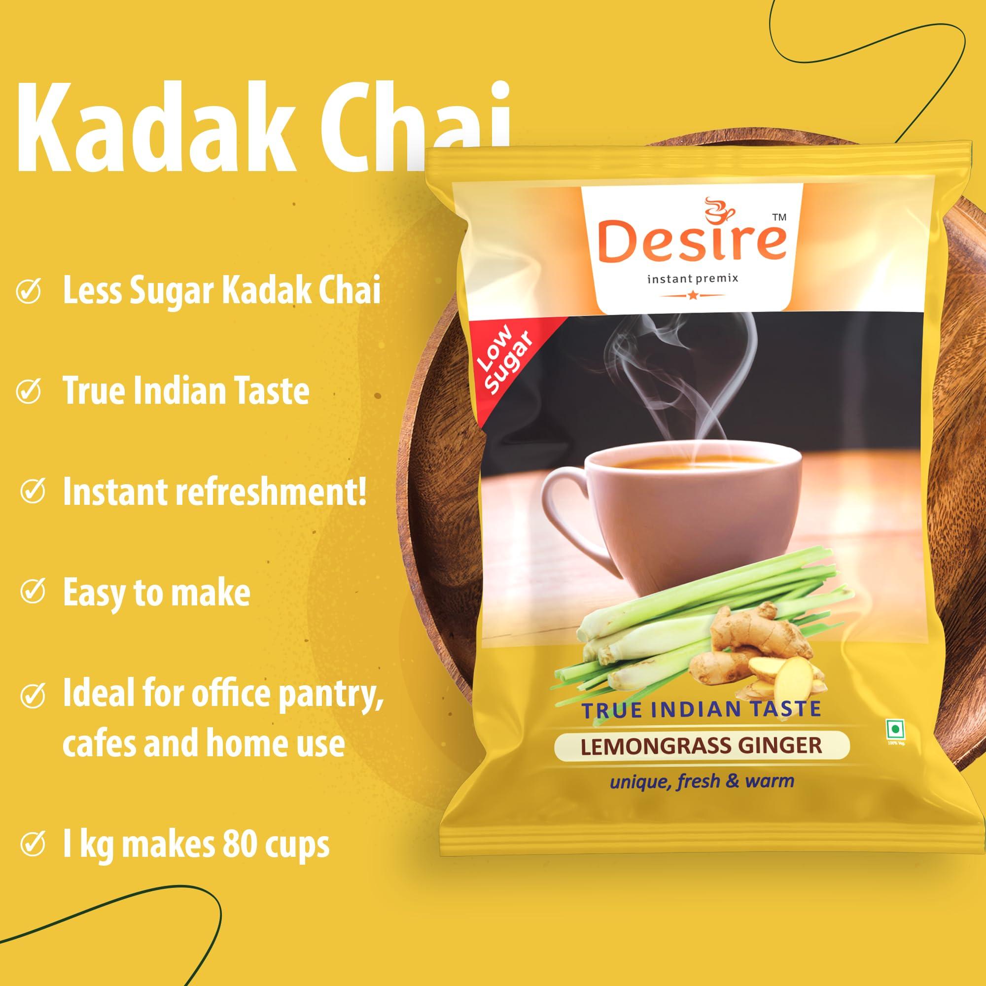Desire instant premix Desire Instant Premix Lemongrass Ginger Tea Powder Low Sugar (Diet) - Boost Immunity Chai - Ideal for Manual or Vending Machines Use - Infused with Natural Lemongrass Plant and Ginger Extract - 500g