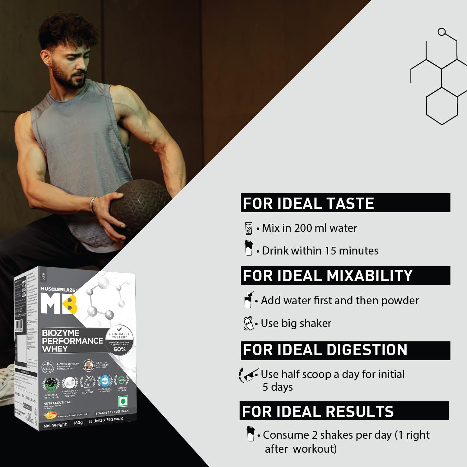 MuscleBlaze MuscleBlaze Biozyme Performance Whey Protein 5 Sachet Travel Pack (5x36g) | Magical Mango | Clinically Tested 50% Higher Protein Absorption, Informed Choice UK Certified & US Patent Published EAF