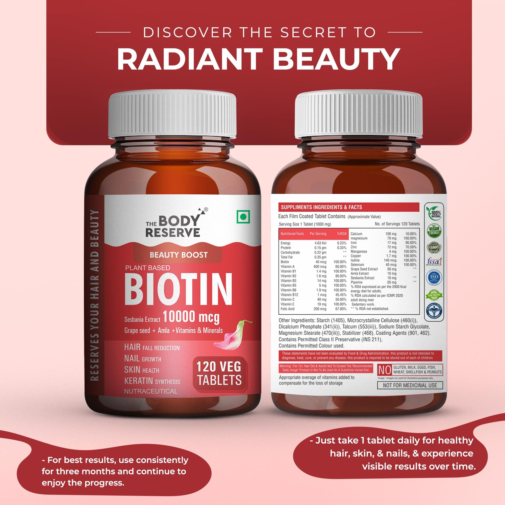 The Body Reserve The Body Reserve Plant Based Biotin Tablets -120 Veg Tablets, Biotin from Sesbania with Amla, Grapeseed & Hair Multivitamins,Nails For Men Women, Pack of 3