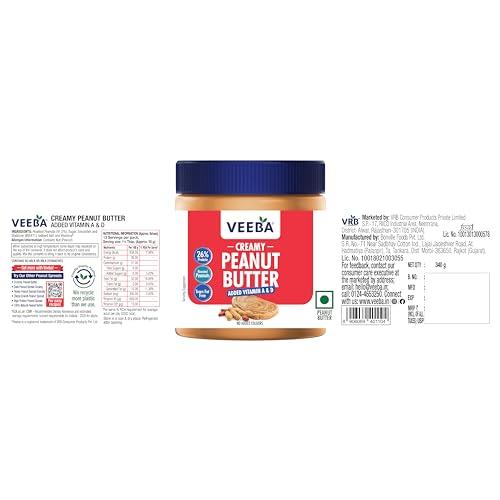 VEEBA Veeba Peanut Butter Creamy | Smooth | High Protein | Naturally Gluten Free | Vegan | Trans Fat Free | No Added Preservatives | Added Calcium, Iron, Vitamin A & D | No Added Colour & Flavour | Non GMO | 340 g
