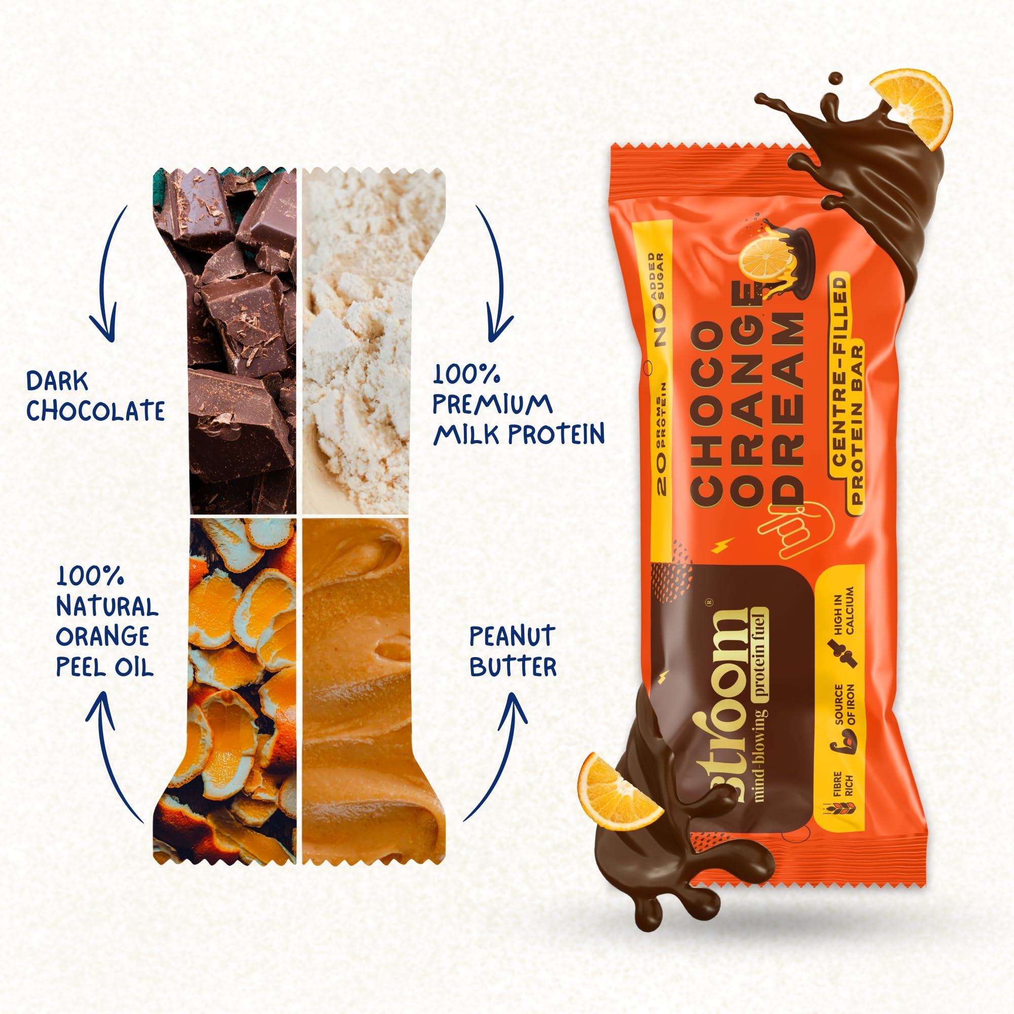 STROOM STROOM Asia\'s First Centre Filled Protein Bars | 20g Protein (5 Bars, 63 Grams Each) | Choco Orange Dream | Protein Bars for Muscle Growth & Repair | Fibre Rich | No Added Sugar
