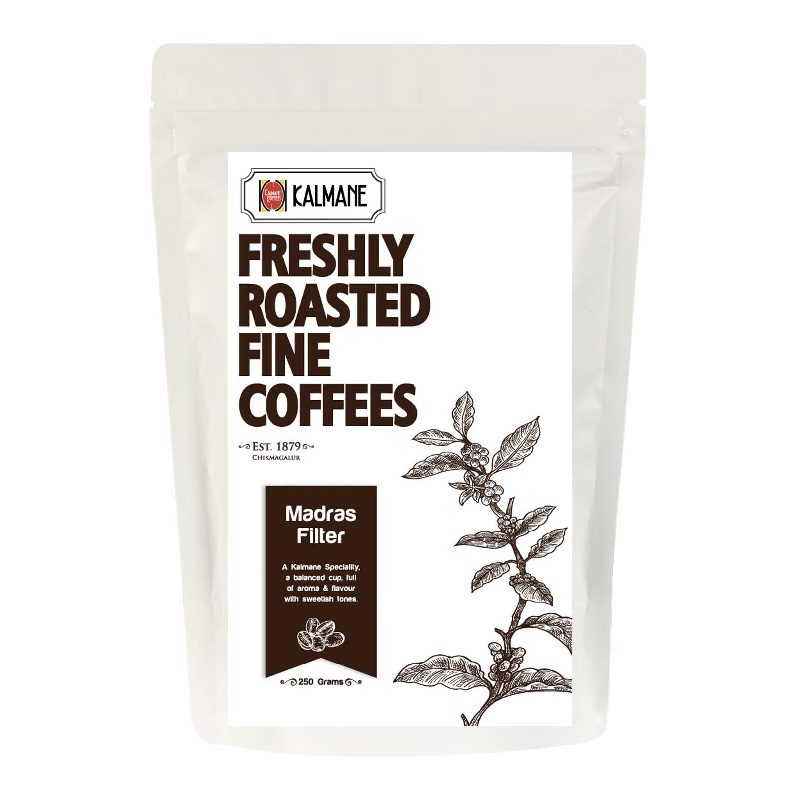Kalmane Koffees Kalmane Koffees | Madras Filter - Medium Grind Ground Coffee Powder Made with 100% Specialty Grade Arabica - Roasted Frequently in Small Batches - Aromatic Flavor, 70% Coffee 30% Chicory (250 gm)