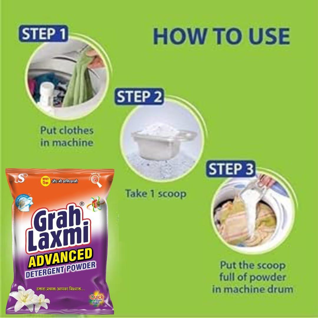Grah Laxmi Grah Laxmi Advance Detergent Powder 3Kg Hand Wash & Top Load Machine | Remove 2X Tough Stains, Dirt & Malodour Washes | No-Bleach Mula | All Types Of Fabrics| Long Lasting Fragrance