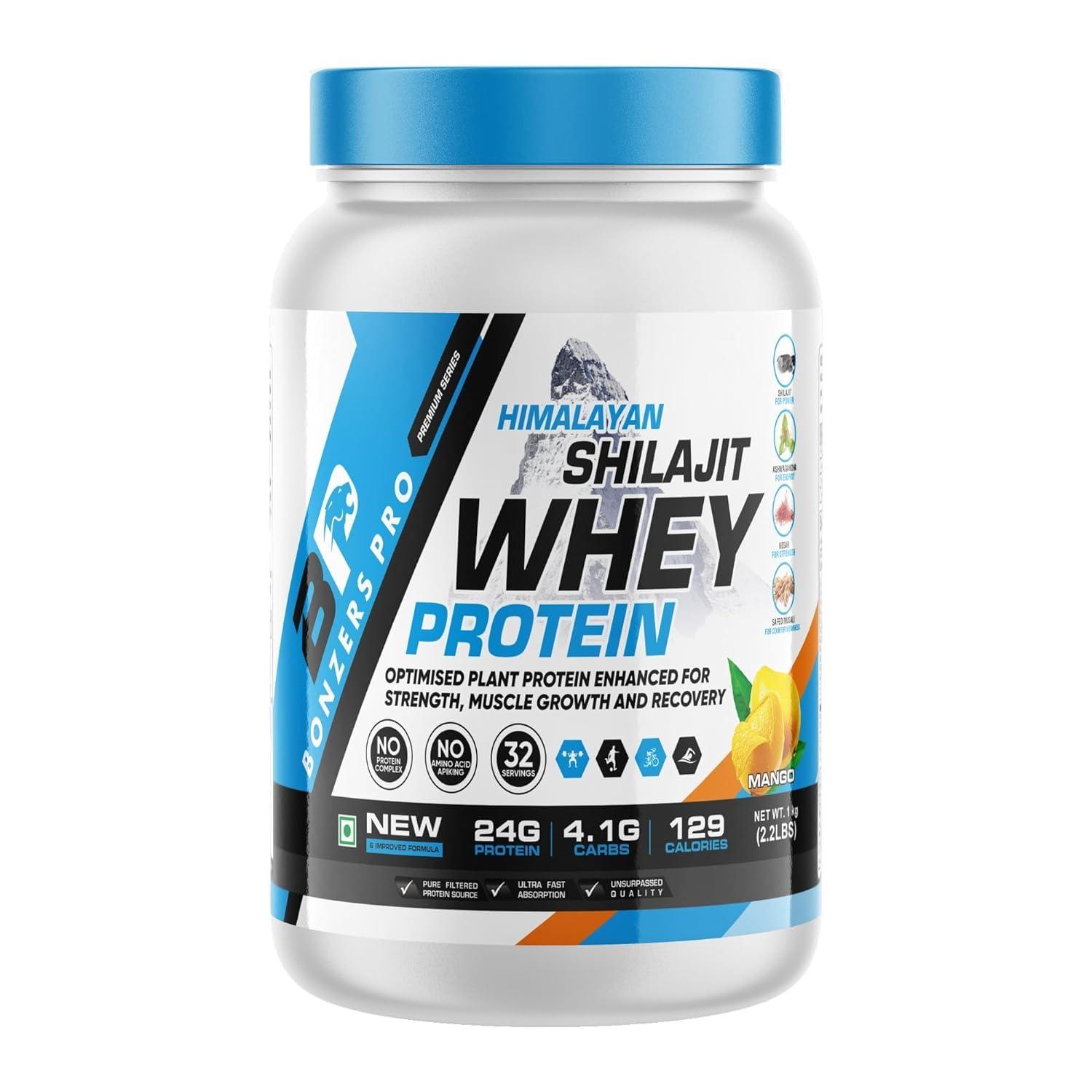 BONZERS PRO Bonzers Pro Himalayan Shilajit Whey Protein - 1 Kg (2.2 lbs) | 24g Protein, 5.5g BCAA, Ashwagandha, Safed Musli, Kesar for Muscle Growth | Mango Flavor