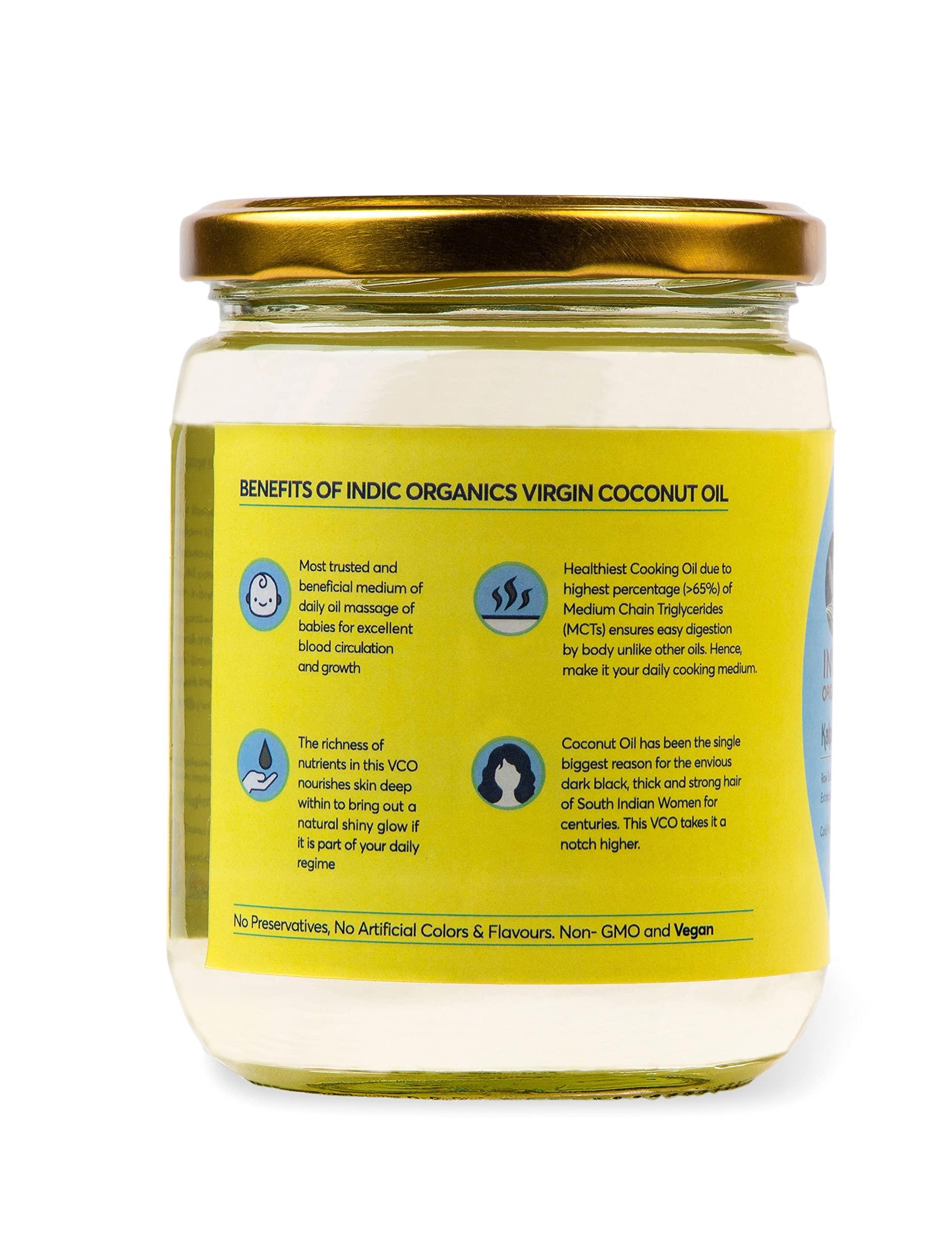 Indic Organics Indic Organics Raw Extra Virgin Coconut Oil Extracted From Kerala Coconut\'S Fresh Milk | Cold Centrifuge Process, Unrefined & Unprocessed |For Dietary, Hair & Skin Care And Oil Pulling , Glass Bottle