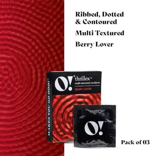 O! O! Thrillex Multi-Textured Flavored Condoms for Men | Dotted, Ribbed & Contoured Condom with Extra Lubrication | Combo of Berry Lover & Choco Lover (Pack of 2 x 3 Count Each Pack)